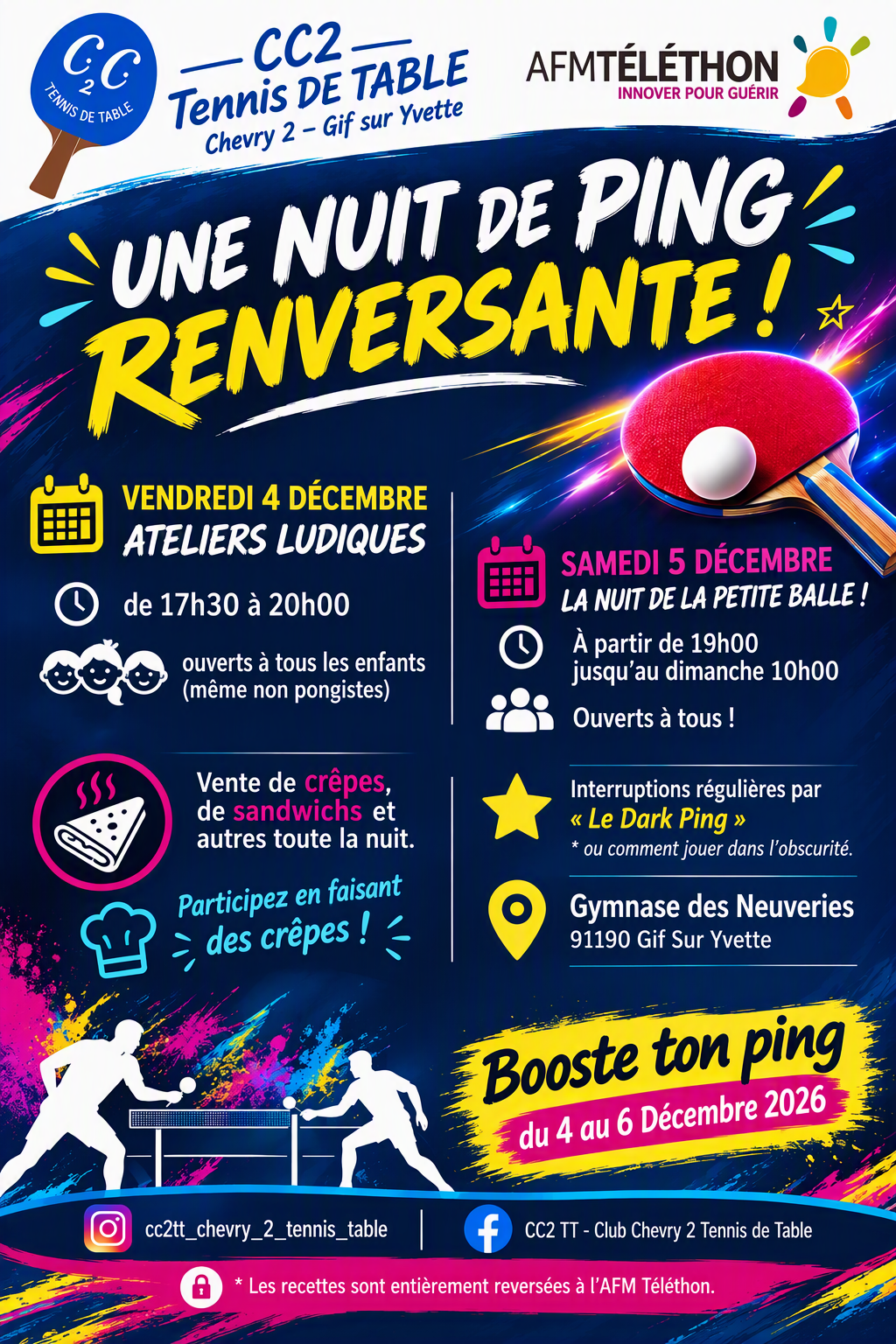 Affiche Téléthon 2026 Club Chevry II : Une nuit de ping renversante